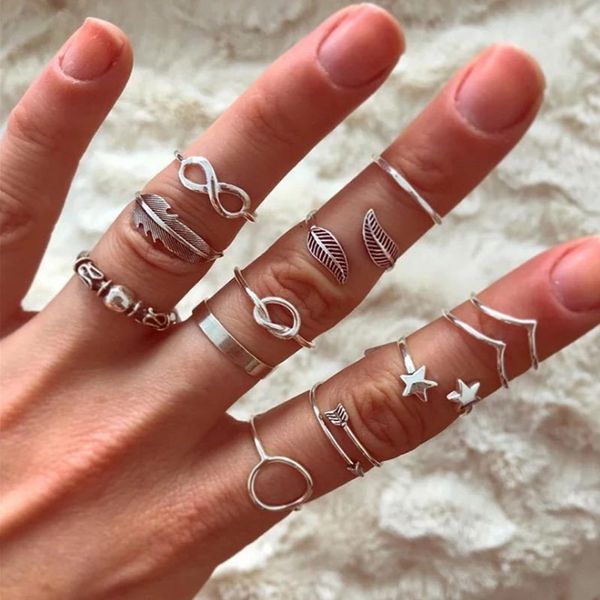 

s2400 bohemina fashion jewelry ring set vintage geometric feather arrow star rings sets 12pcs/set, Silver