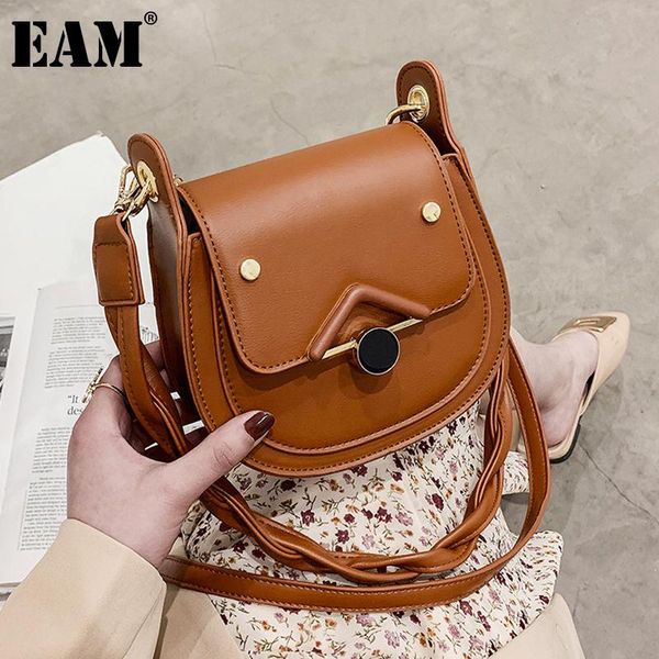 

[eam] women new brown brief small saddle pu leather flap personality all-match crossbody shoulder bag fashion tide 2021 18a1761