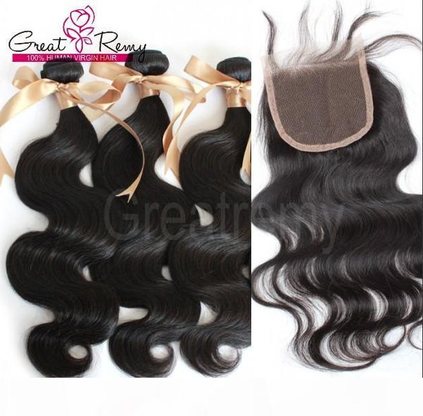 

4pcs lot virgin human hair bundle with closure brazilian hair body wave 3 bundles with 1piece closure middle three part factory outlet, Black
