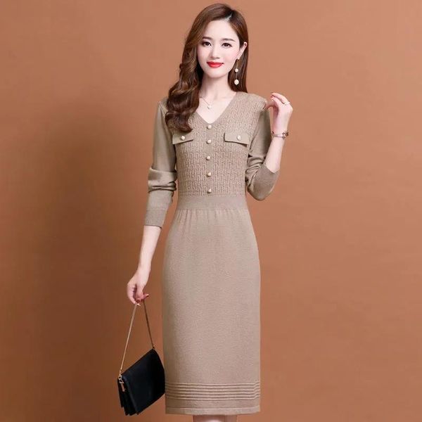 

casual dresses elegant long sleeve a line sweater dress women korean fahsion base with overcot office ladychic mid length knit, Black;gray