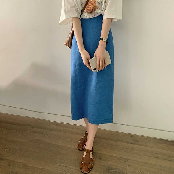 

skirts summer long straight women korean split midi cotton linen high waist pencil vintage elegant office lady z510 ijqk, Black