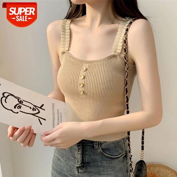 

2020 new fashion women tank women solid color ruffle lace straps camisole ribbed buttons vest streetwear camisole #wg3k, White