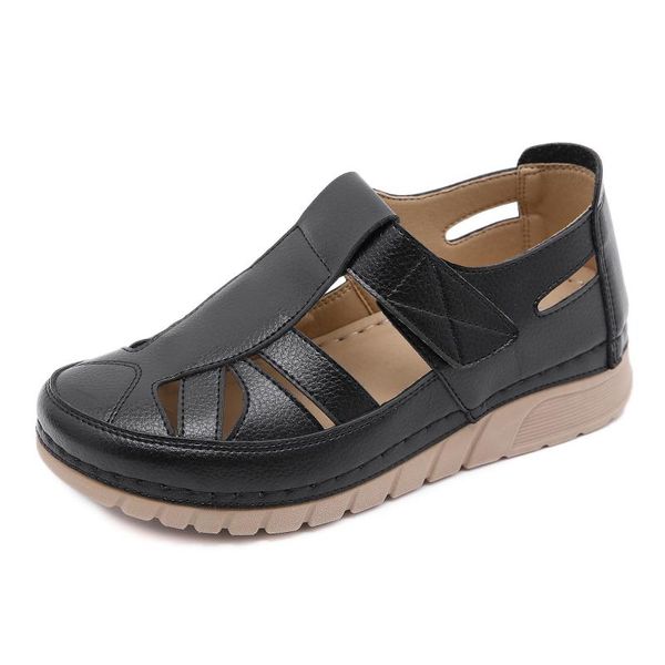 

brand pu leather shoes woman hollow out sandals female casual flat with sandals ladies shoe sandalias de mujer verano 2021, Black
