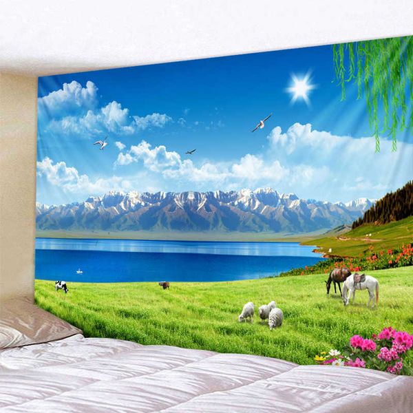 Paesaggio di montagna Arazzo Incandescente Psichedelico Appeso a parete Anime Lupo Arazzo Boho Home Decor Arte Panno da parete Tessuto di grandi dimensioni 210609