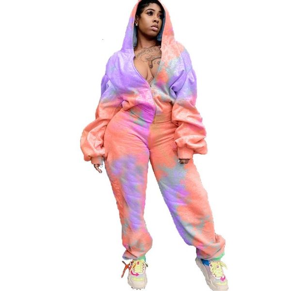 

casual release two pieces of female sportswear with zipper hoodies and winter pants tie dye high street training set us6z, Gray