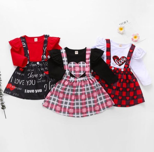 

infant kids valentine's day outfits baby girl sleeve round neck pullover love letter print t shirt suspender skirt costume, White