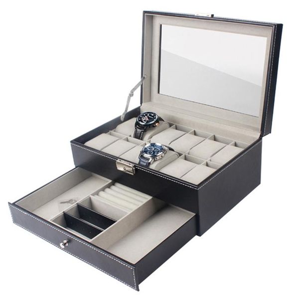 

watch boxes & cases double layer luxury box 12-bit men organizer watches pu leather packaging display gift, Black;blue
