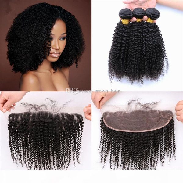 

unprocessed 9a human hair ear to ear lace frontal closure with hair weaves kinky curly lace frontal with bundles 4pcs lot, Black