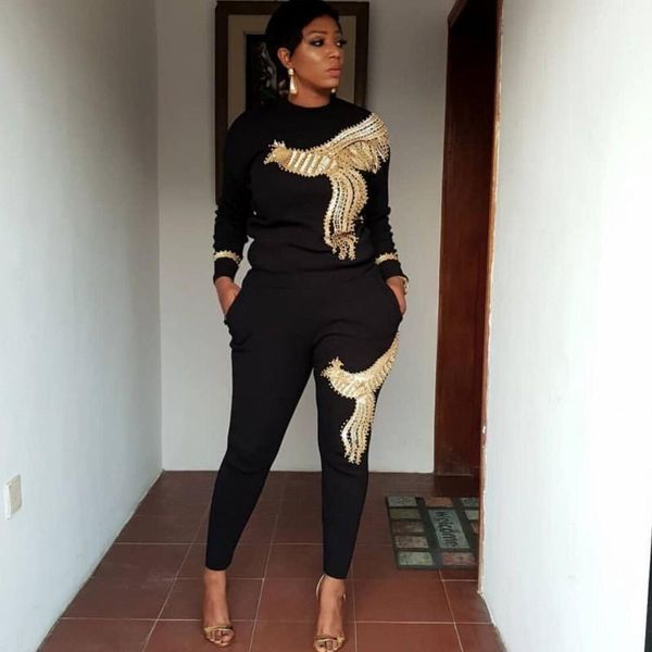 

women's tracksuits african clothes for tracksuit women 2 piece set stretchable knitted black outfits 2021 beading sequins clothing, Gray
