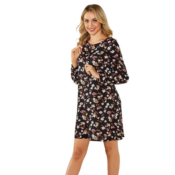 

2019 autumn and winter new european and american long-sleeved dress selling womens wear new mid-skirt, Black;gray