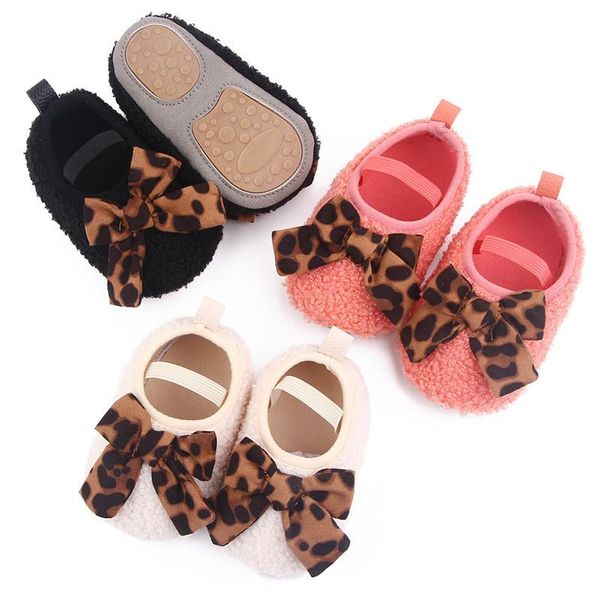 

first walkers autumn winter baby shoes warm plush bows infant toddler leopard printed non slip soft sole born girl