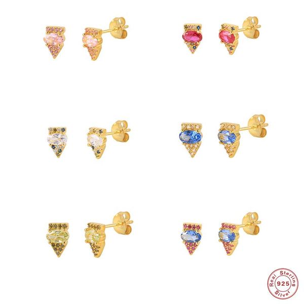 

stud gs 925 sterling silver colored crystal triangle earrings for women geometric rainbow zircon gemstone cartilage ear studs, Golden;silver