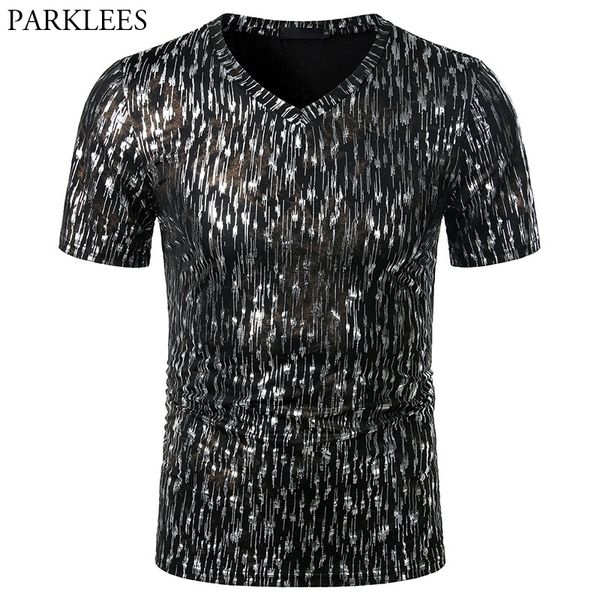 

men's glitter line bronzing t shirts summer short sleeve v neck t shirt men hip hop party prom stage clothing for men 2xl 210317, White;black