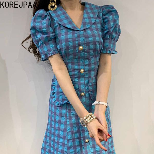 Korejpaa Frauen Kleid Koreanische Mode Sommer Vintage Puppe Kragen Plaid Einreihige Taste-Down Schlank Kurzarm Kleid 210526