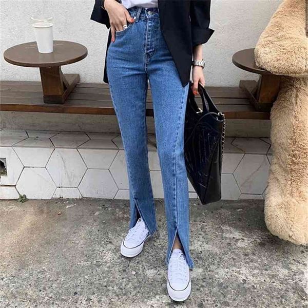 Blaue Streetwear Split Jeans Hohe Qualität Stilvolle Mode Chic Hohe Taille Frauen Casual Schlanke Denim Flare Hosen 210715