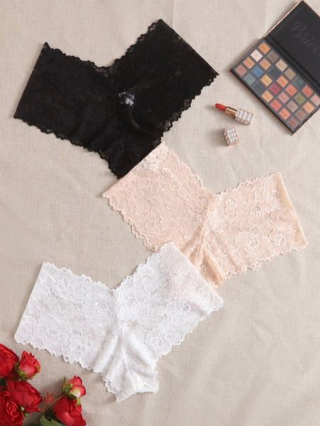 

3pack plus floral lace panty set t9oy#, Black;white