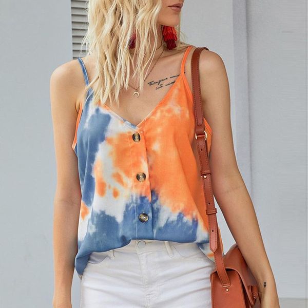 

women's tanks & camis tie dye camisole button v-neck tank casual sleeveless summer y2k cami boho clothing mujer camisetas 2021, White
