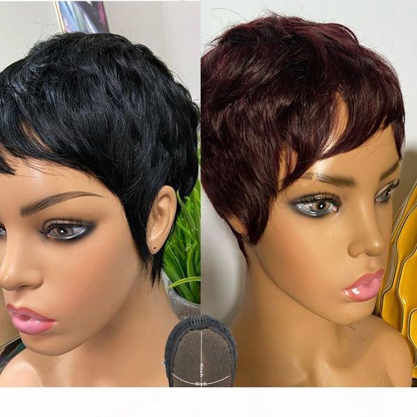 

atina pixie cut wig human hair burgundy 99j colored short bob wig straight 4x4 lace closure glueless bleached knots, Black;brown