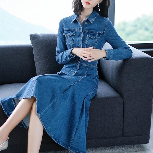 

casual dresses autumn women causal jeans dress midi outfits full sleeve single breasted slim female denim a-line ladies robe femme, Black;gray