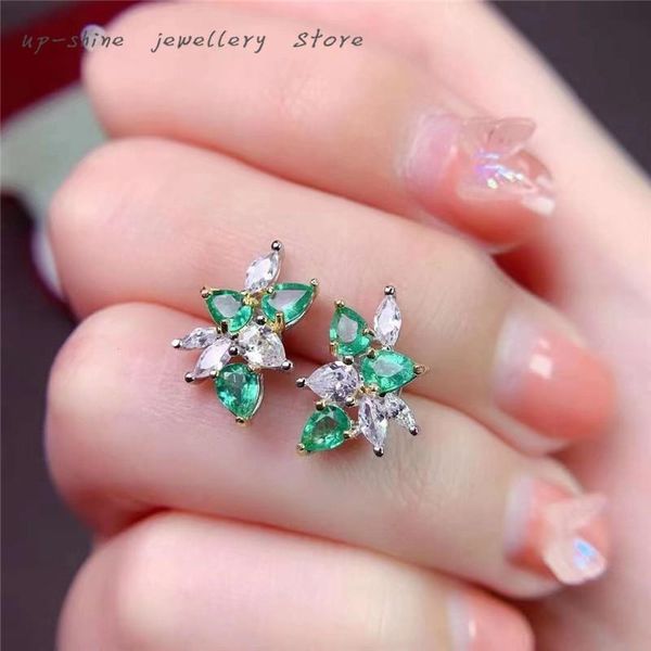 

stud women's 925 silver inlaid natural emerald earrings, exquisite workmanship, simple and cute design, Golden;silver