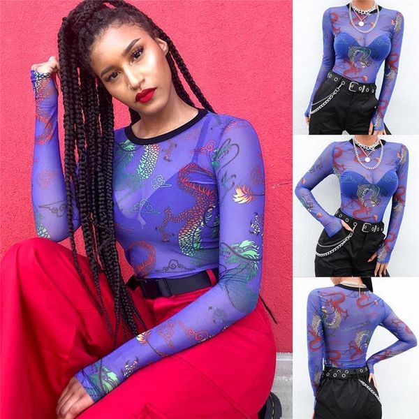 

sell womens transparent shirts fashion dragon printing crew neck crop long sleeve plain slim blouse shirt outwear, White