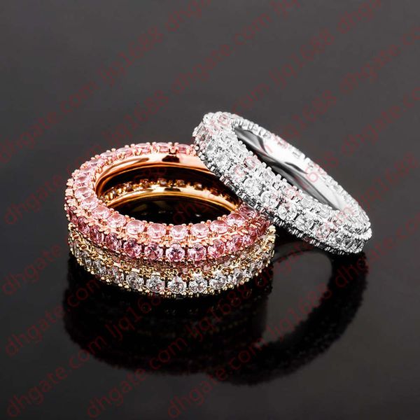 

men women hip hop rings jewelry luxury 3 rows bling zircon rings fashion 18k gold rhodium plated couple rings, Silver