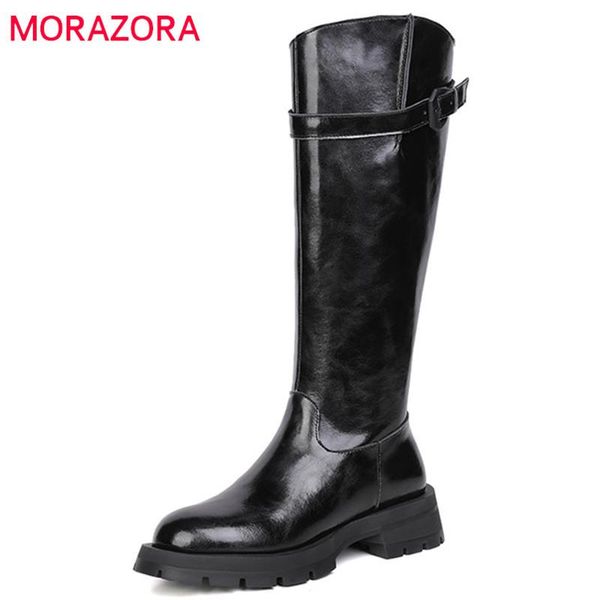

boots morazora 2022 est genuine leather women shoes zip buckle low heels fashion riding knee high black