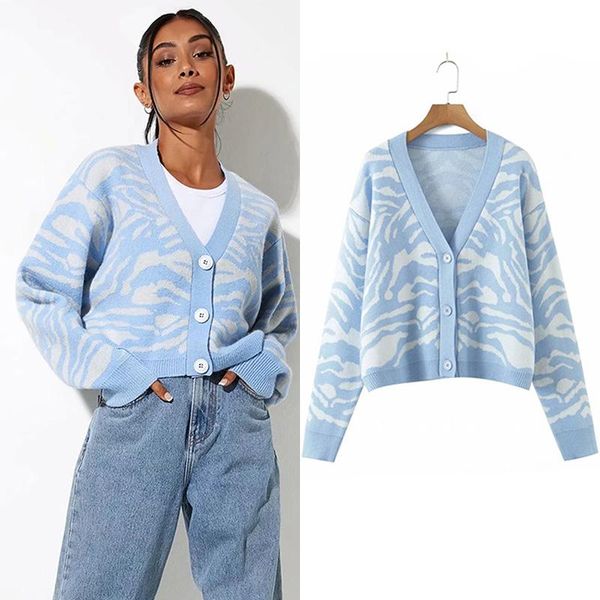

women's knits & tees 2021 women long sleeve short loose lazy blue sweater single breasted v-neck knitted cardigan coat, White