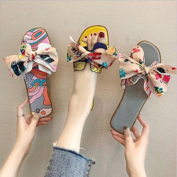 

slippers ladies summer outdoor flat bottom fashion casual color sandals bowknot light and comfortable non-slip soft soles, Black