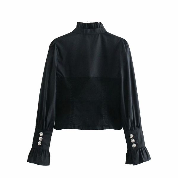 

new es 2021 vintage black denim shirts long sleeves ribbon ladies diamond button fashion streetwear cs90, White