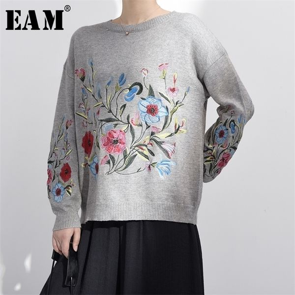 [EAM] Frühling Herbst Rundhals Langarm Blume Bestickt Stricken Warme Lose Pullover Pollovers Frauen Mode V74702 201017