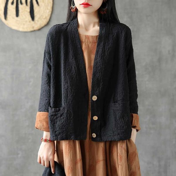 

arts style autumn women long sleeve loose short coats retro cotton linen button v-neck cardigan coat ladies jackets d448 210608, Black;brown