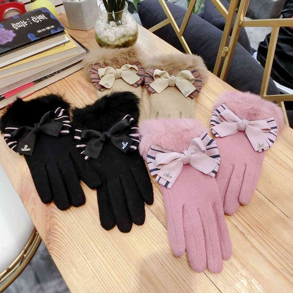 

gloves autumn and winter korean touch screen five finger striped bow knot cashmere rabbit hair mouth thickened warm split, Blue;gray