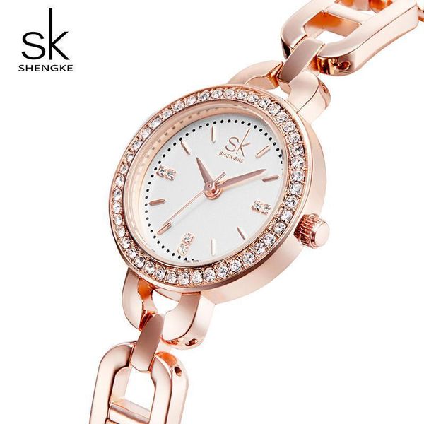 

shengke ladies watches small round diamond dial bracelet women clock fashion quartz watch 2021 sk #k0018 wristwatches, Slivery;brown