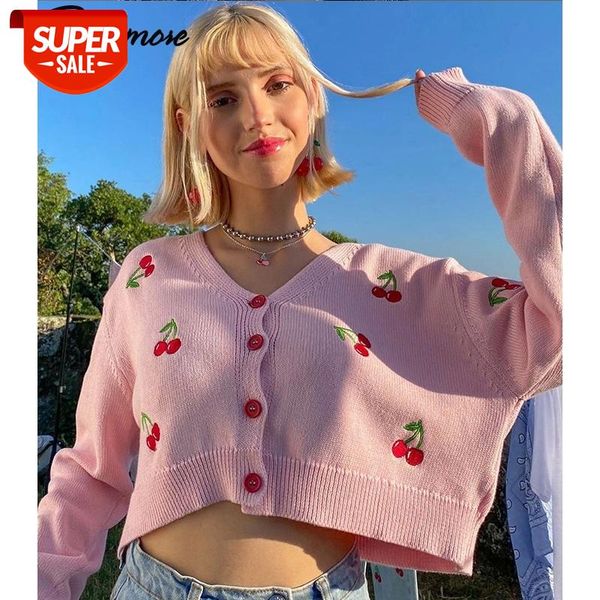 

rockmore cherry print button up sweater women oversize y2k long sleeve v neck cardigans harajuku korean pink crop sweater #gy5e, White