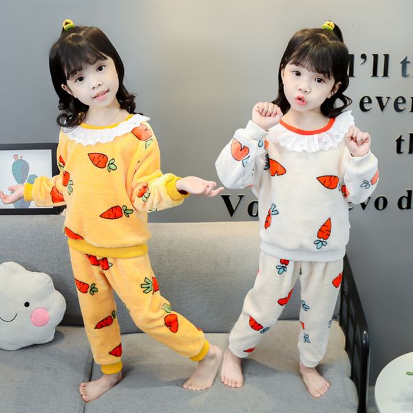 

autumn winter toddler homewear baby girl's clothes sets pajamas warm girls clothing suit flannel thicken children kids costume, White