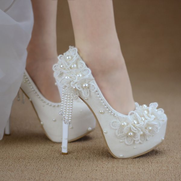 

bridesmaid shoes wedding dress lace white sweet flower tassel female womens shoes 6cm 8cm 11cm 14cm high heel big size 43 210225, Black