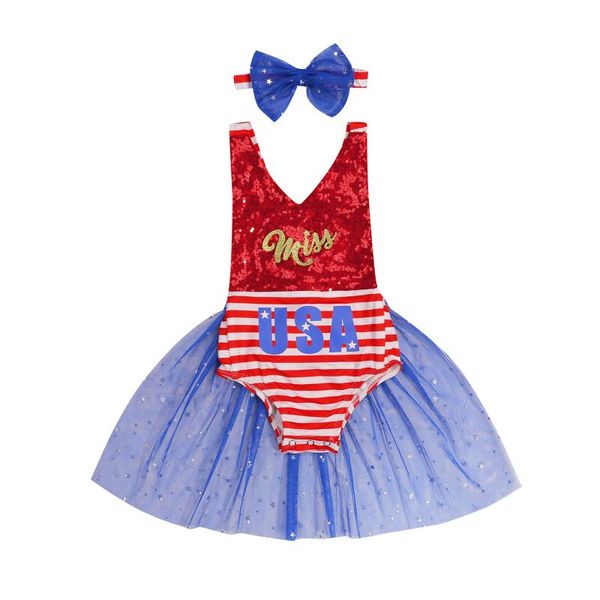 

rompers citgeesummer independence day infant baby girls sleeveless romper + bow hairband mesh stitching clothing, Blue