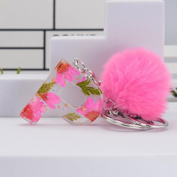 

keychains letter pendant flower pattern pompom english alphabet keyring handbag backpack friends souvenir key chains women, Silver