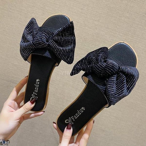 

llogai shoes women slippers flat slides fashion butterfly-knot female beach soft summer 2021 luxury casual zapatillas mujer casa, Black