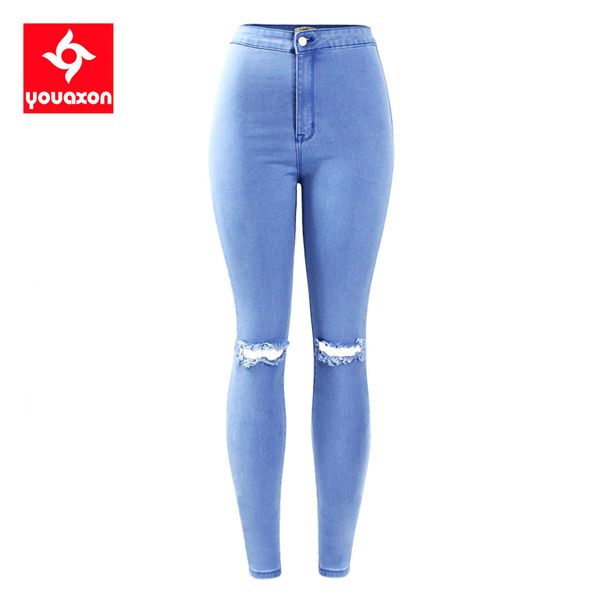 

2042 youaxon women`s high waist stretch ripped knees distressed skinny denim jean pants jeans woman 210222, Blue