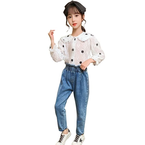 

girls clothes dot blouse + jeans outfits spring autumn girl outfit casual style children's costume 6 8 10 12 14 210528, White