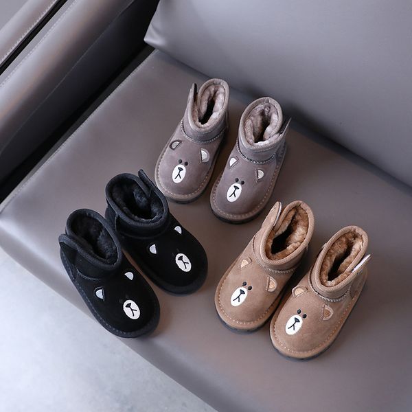 

baby shoes cute cartoon bear snow boots 2021 winter children's frosted leather men's and women's cotton, Black