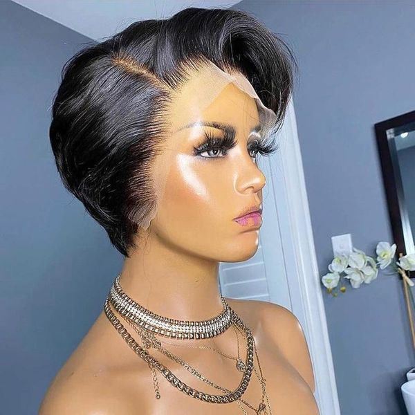 

lace wigs short bob wig pixie cut straight human hair t part transparent side for women pre plucked hairline, Black;brown
