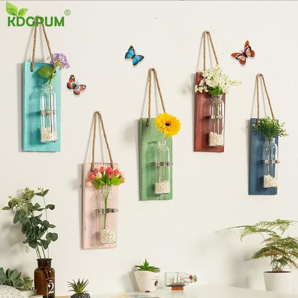 

vases household wall-mounted glass vase creative hydroponic wooden vertical flower pot home wall decoration