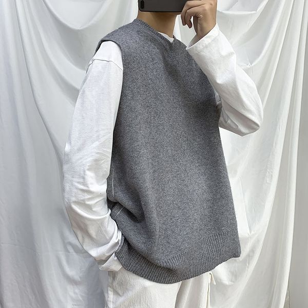 

men's sweaters autumn korean sweater vest fashion solid color v-neck knitted pullover men wild loose knitting mens clothes vf2z, White;black
