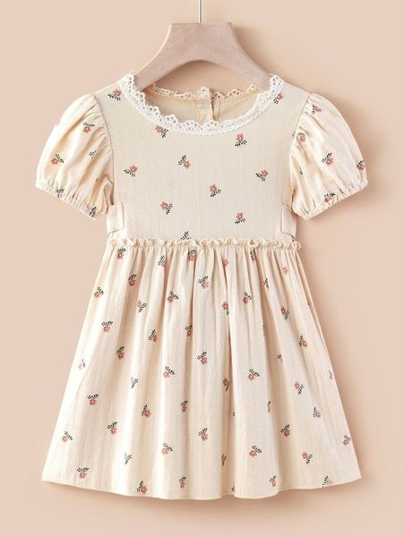 

toddler girls floral print lace trim puff sleeve smock dress she, Red;yellow