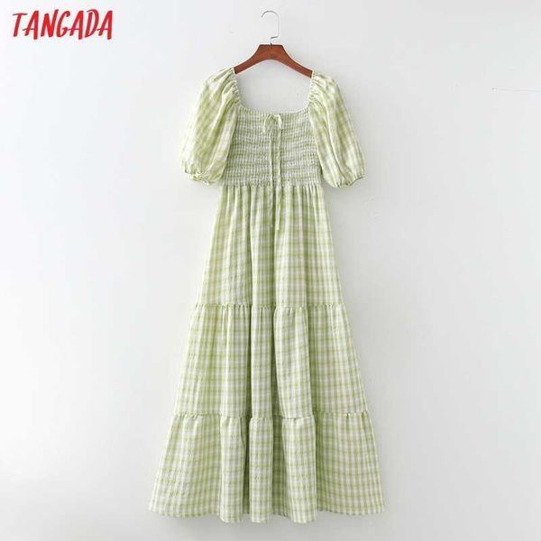 

tangada summer women plaid print french style dress puff short sleeve ladies long dress vestidos 1d282 210609, Black;gray