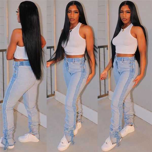 

women's jeans stacked for women tassels mid waist light blue denim pencil pants fashion female trousers