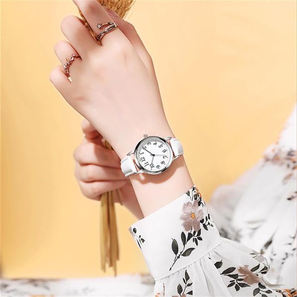

wristwatches japan movement women quartz fine watch easy to read arabic numerals simple-dial leather strap lady dial digital wrist, Slivery;brown